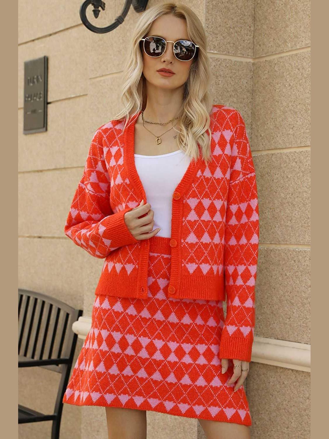 Geometric Dropped Shoulder Cardigan and Knit Skirt Set -- 