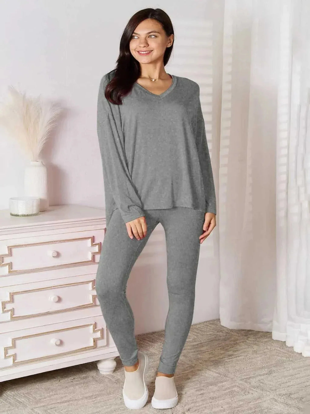 Basic Bae Bamboo Full Size V-Neck Long Sleeve Top and Pants Lounge Set -- 