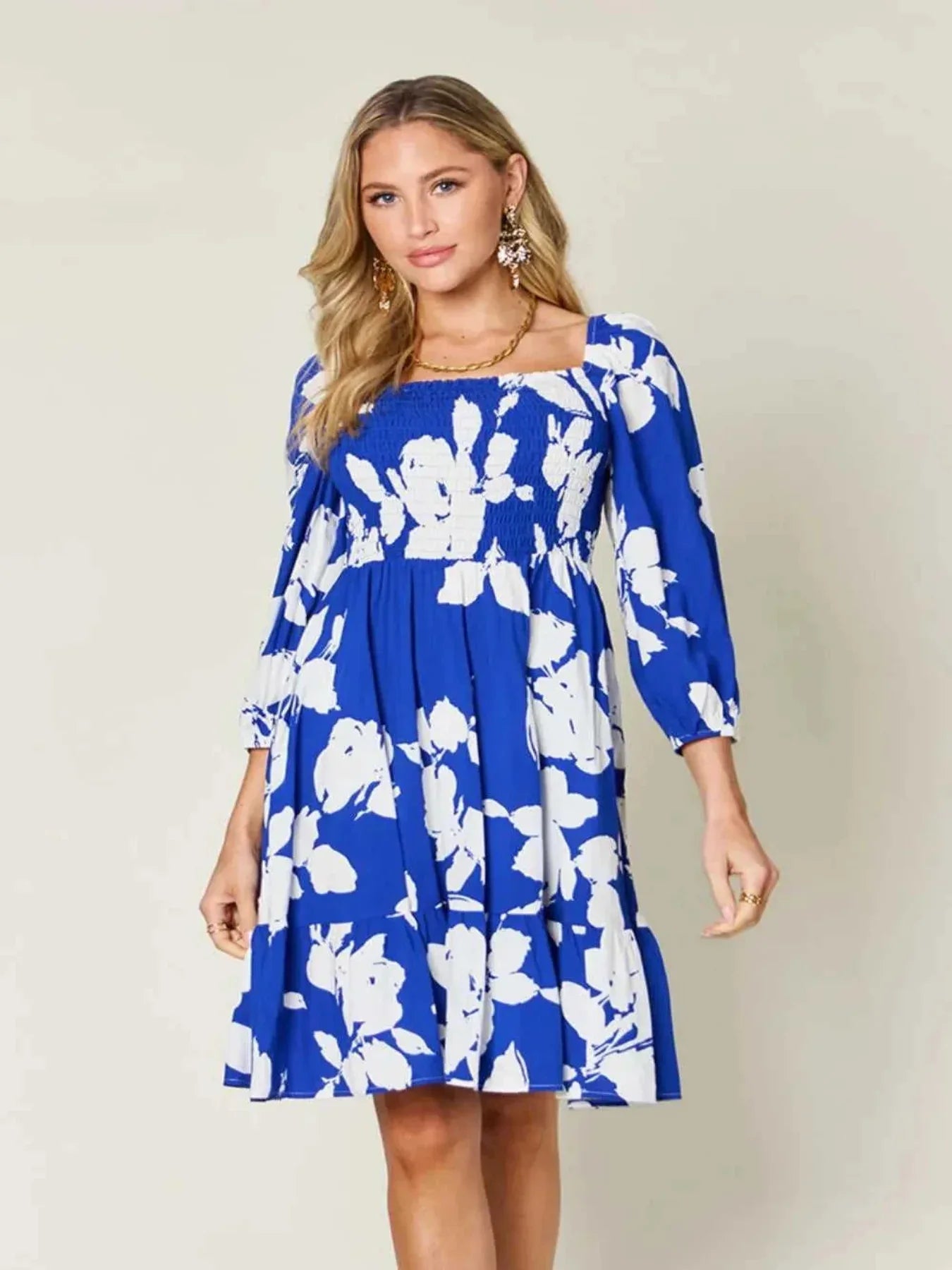 Double Take Full Size Floral Ruffle Hem Smocked Dress with Pockets -- 