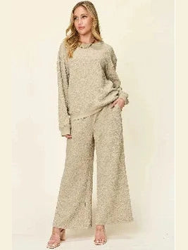 Double Take Full Size Texture Long Sleeve Top and Pants Set -- 