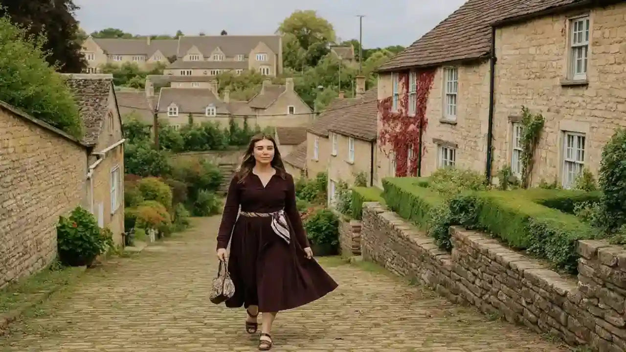 Woman walking down a quaint village street with stone houses and greenery.