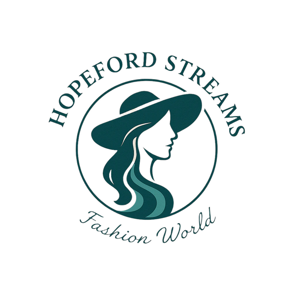 Logo of Hopeford Streams Fashion World with a stylized woman's face wearing a hat on a beige background.