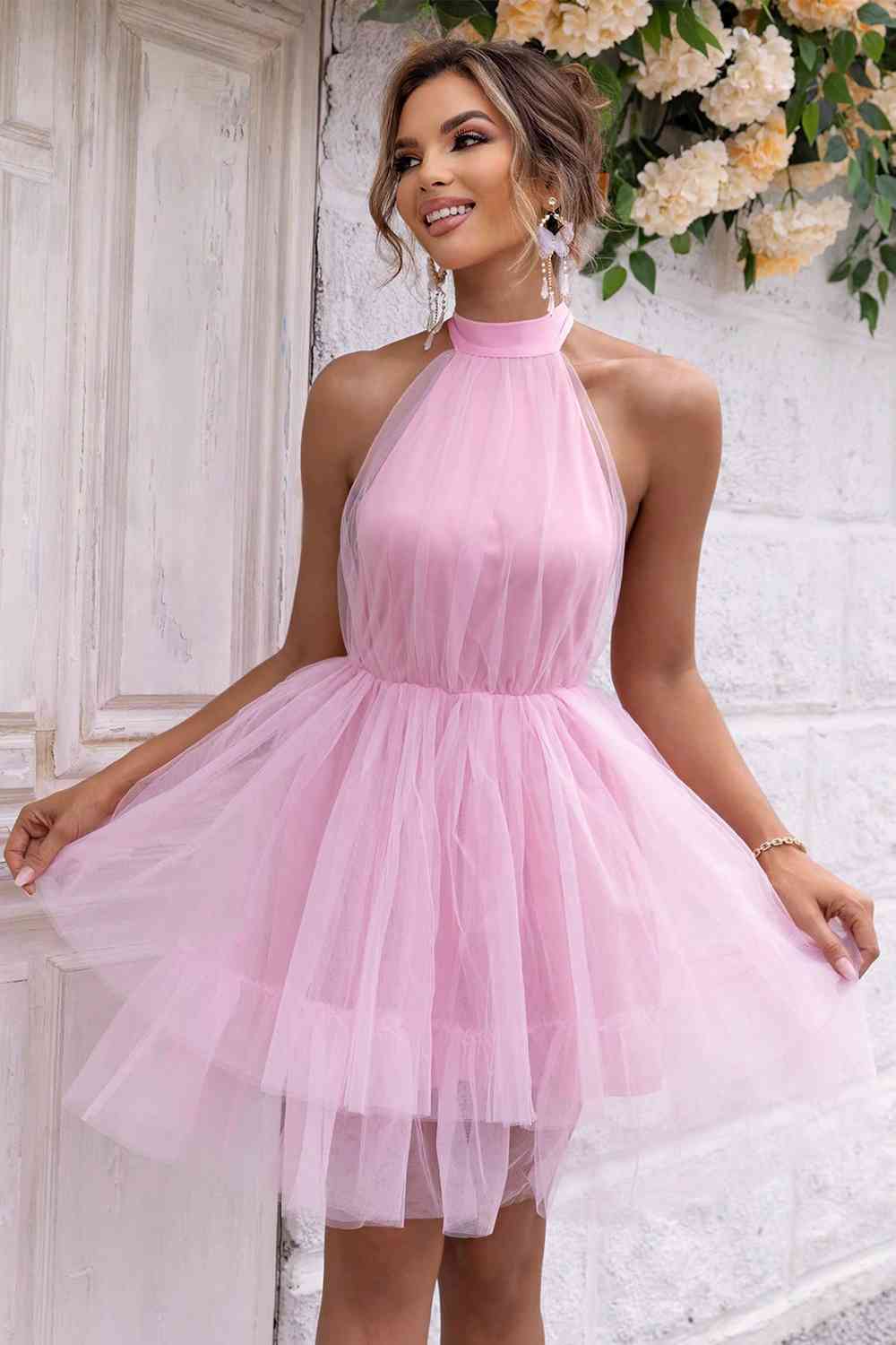 Halter Neck Backless Stretchy Mesh Dress