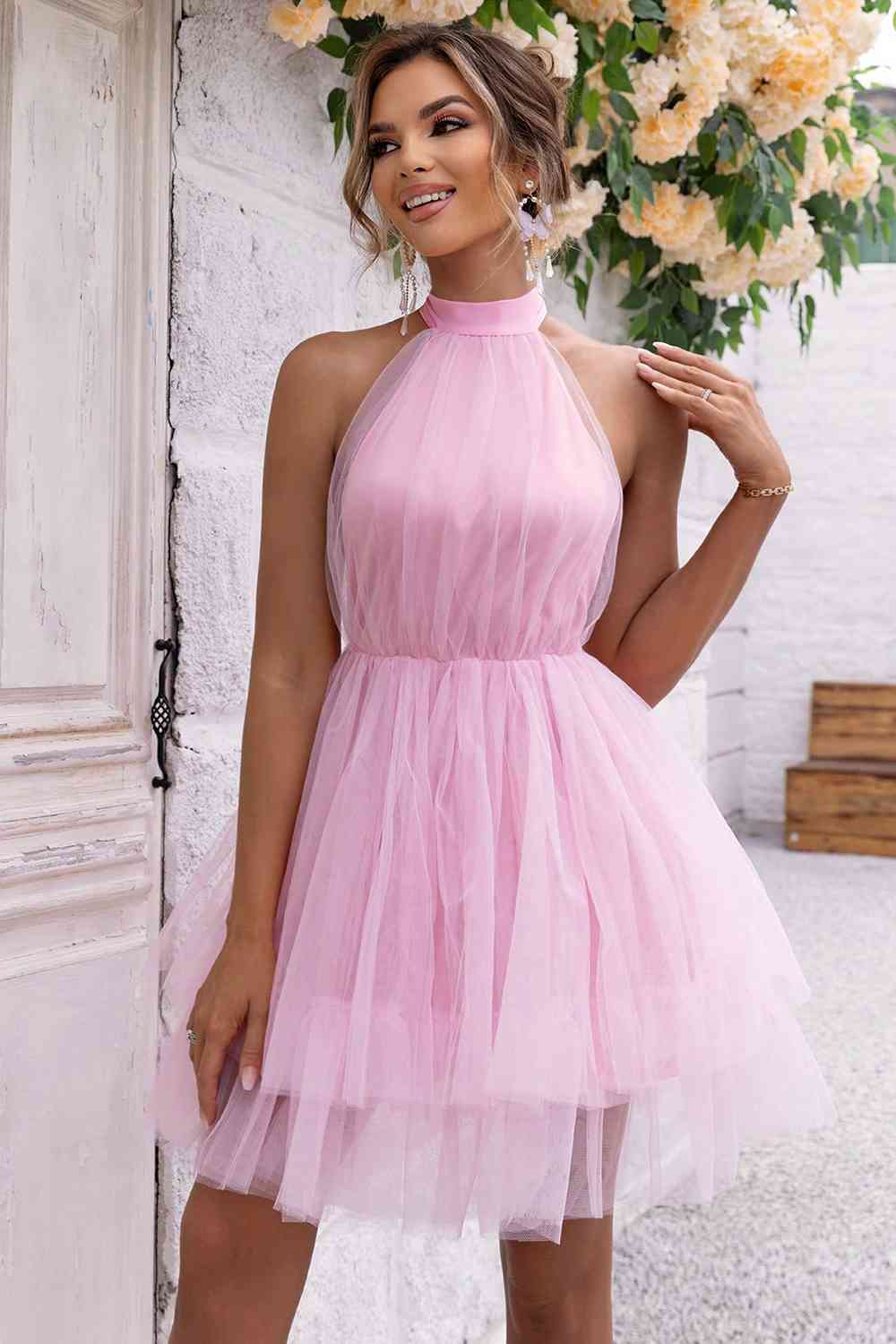 Halter Neck Backless Stretchy Mesh Dress