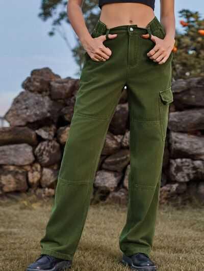 High Waist Cargo Straight Jeans -- 