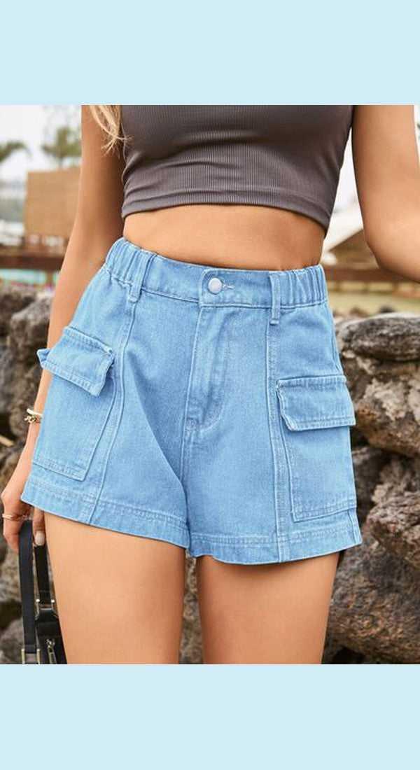 High Waist Denim Shorts with Pockets -- 