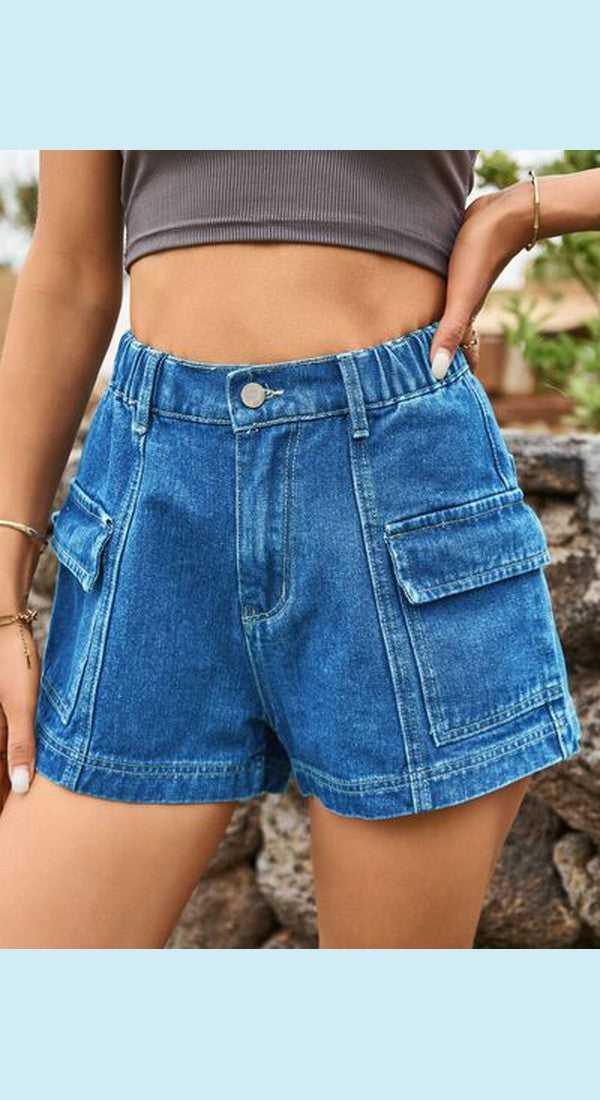 High Waist Denim Shorts with Pockets -- 