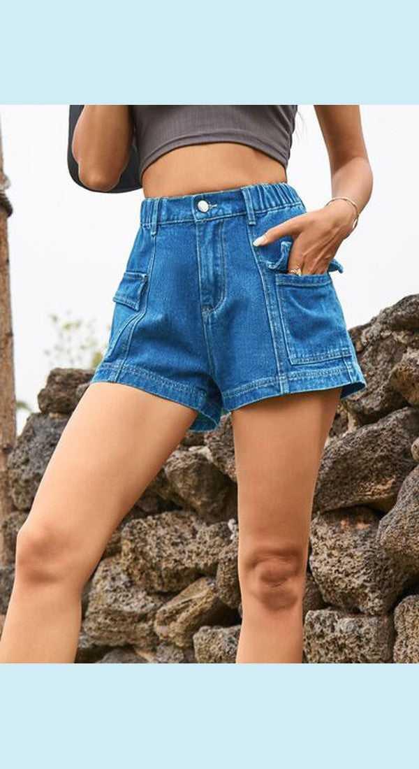 High Waist Denim Shorts with Pockets -- 