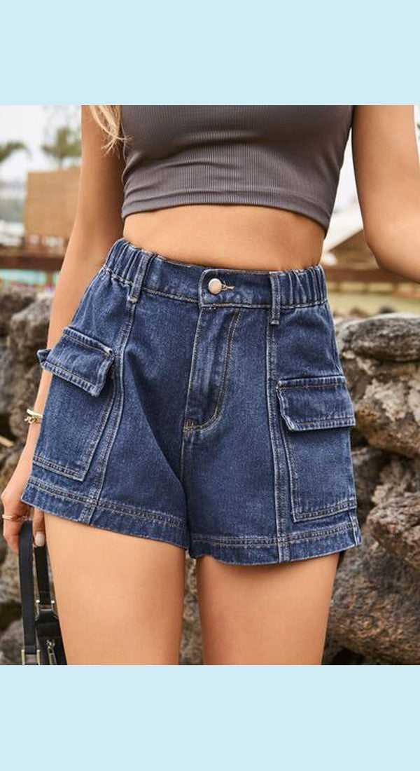 High Waist Denim Shorts with Pockets -- 