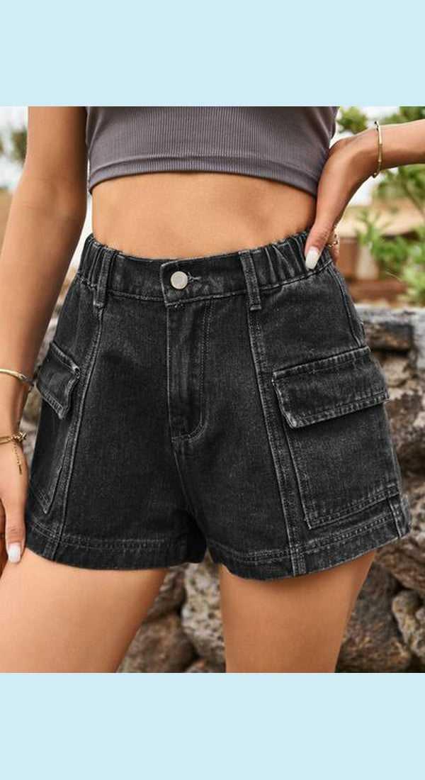 High Waist Denim Shorts with Pockets -- 