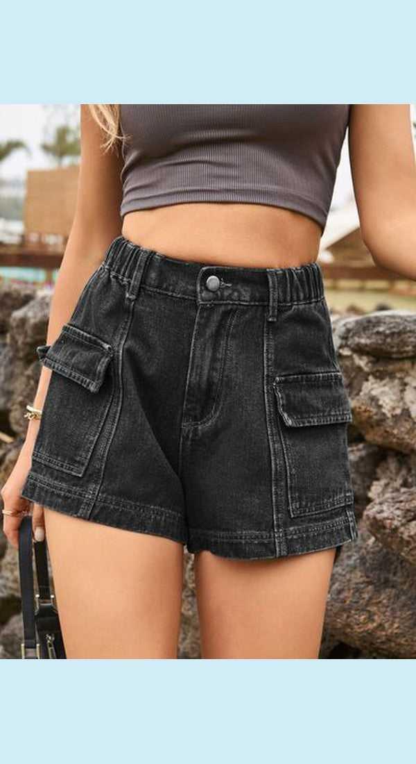 High Waist Denim Shorts with Pockets -- 