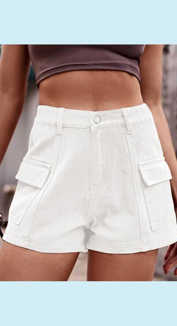 High Waist Denim Shorts with Pockets -- 