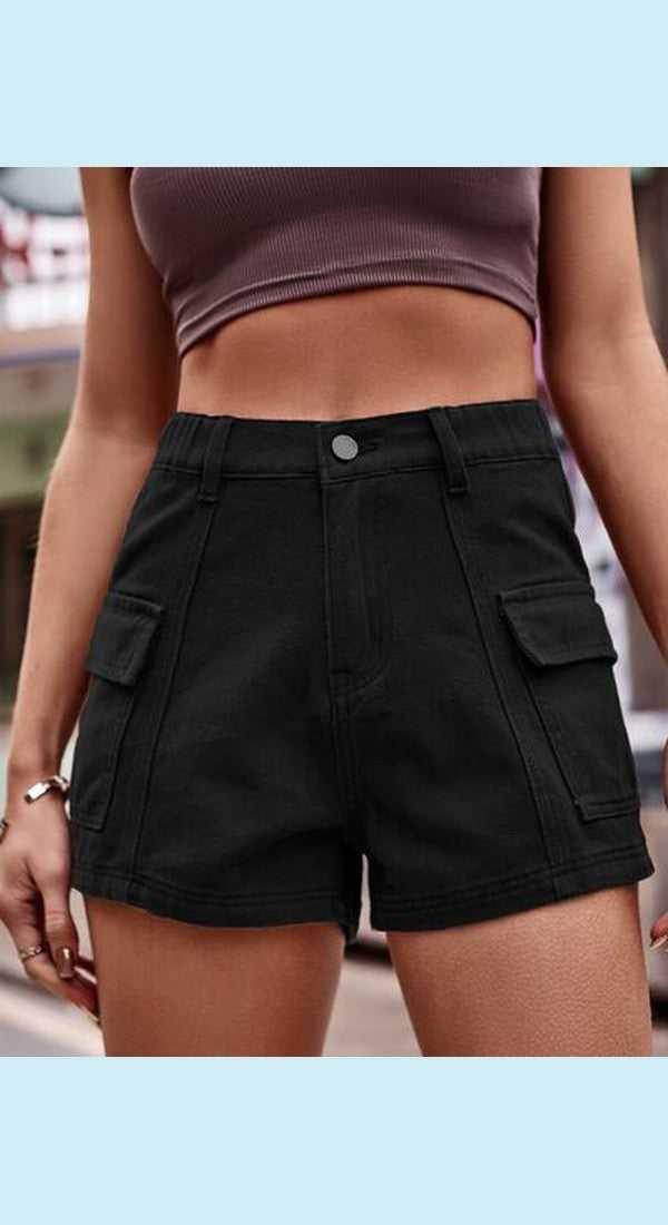 High Waist Denim Shorts with Pockets -- 