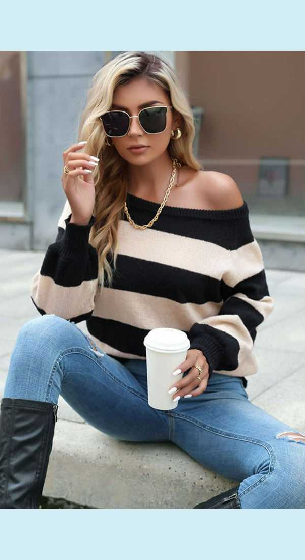 Horizontal Stripe Raglan Sleeve Sweater
