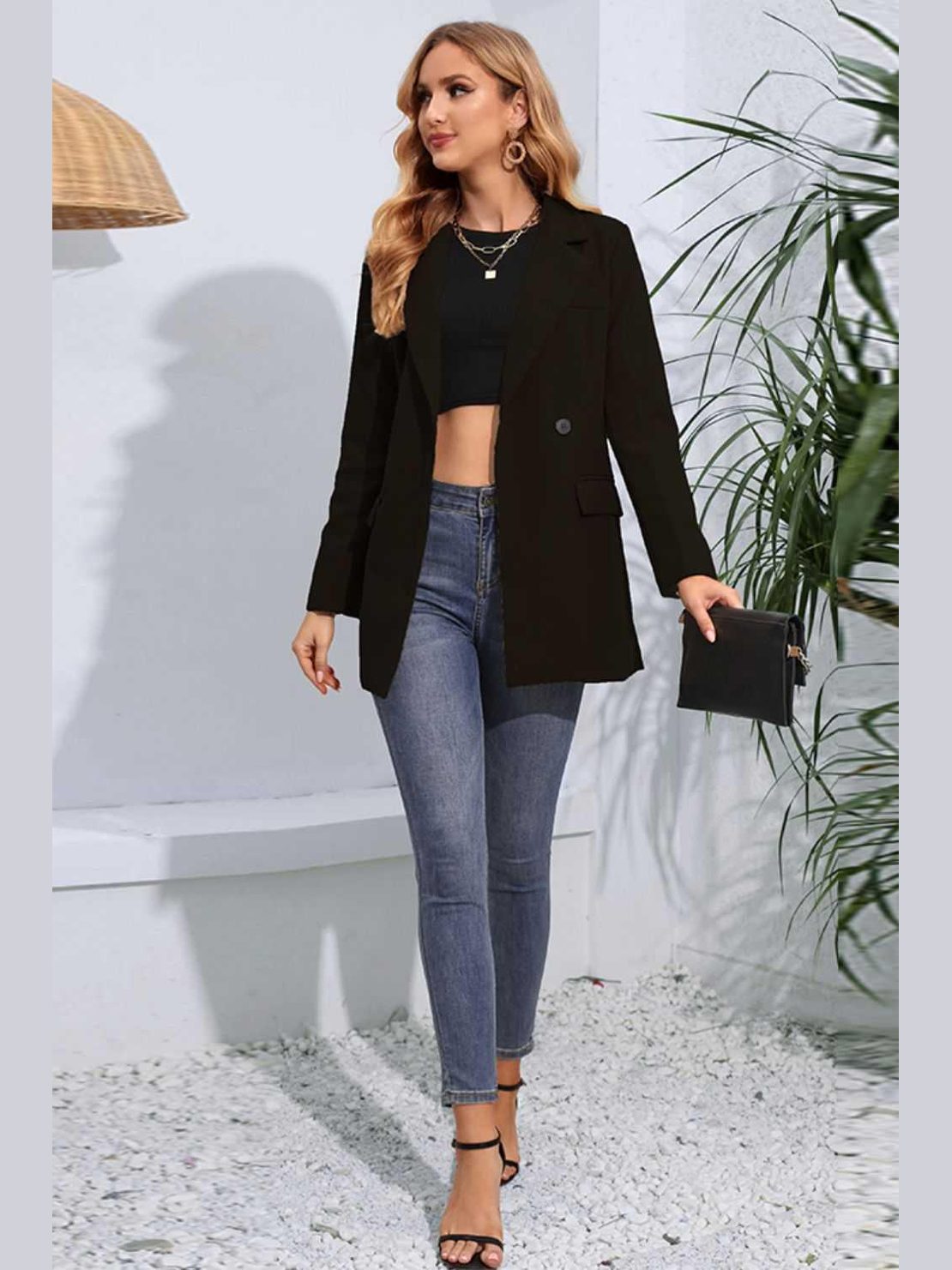 Lapel Neck Long Sleeve Blazer with Pockets -- 