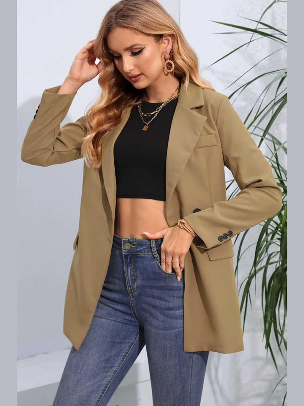 Lapel Neck Long Sleeve Blazer with Pockets -- 