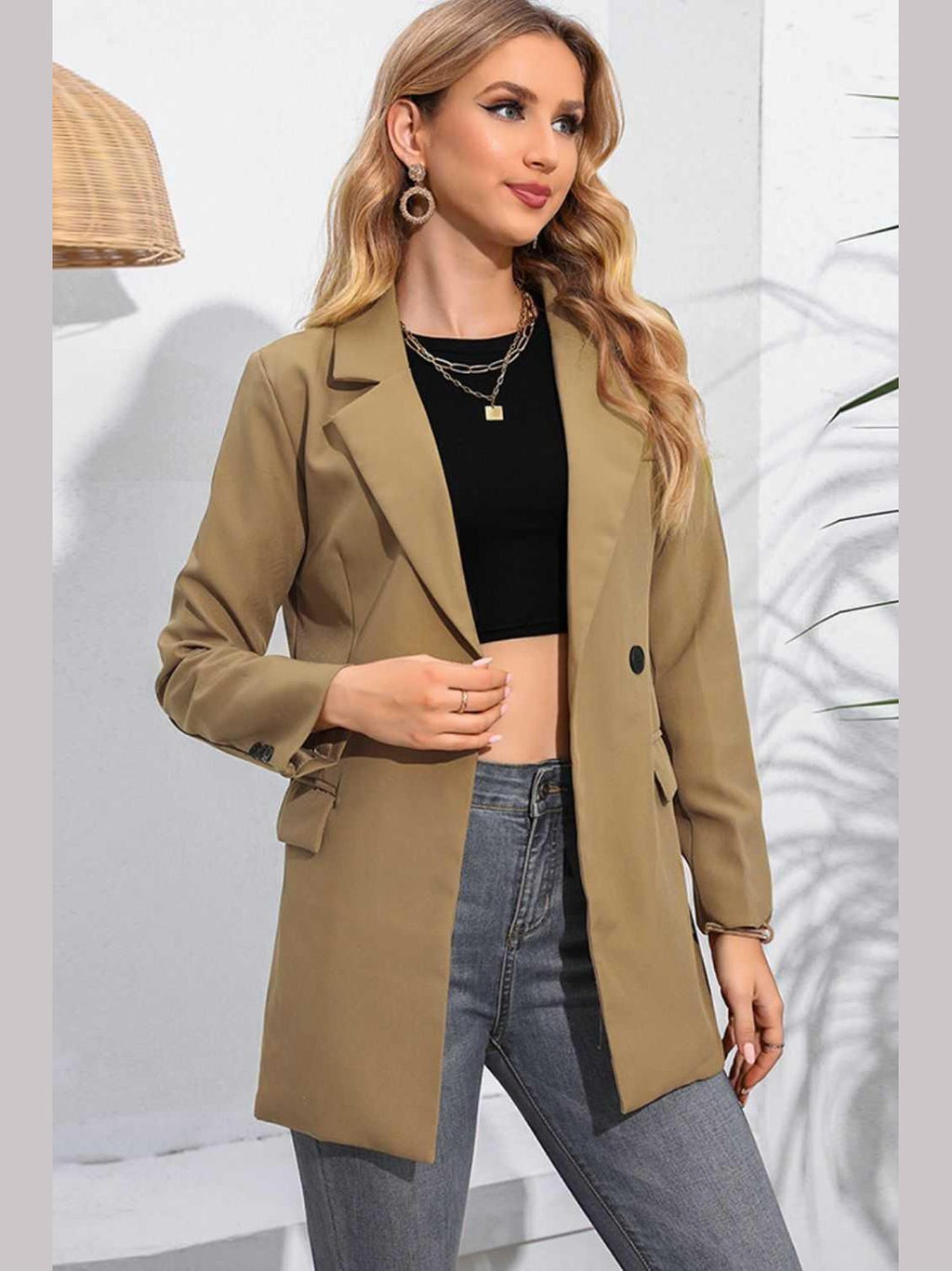 Lapel Neck Long Sleeve Blazer with Pockets -- 