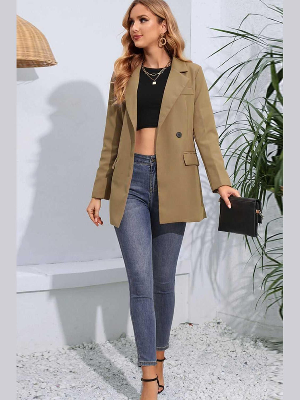 Lapel Neck Long Sleeve Blazer with Pockets -- 