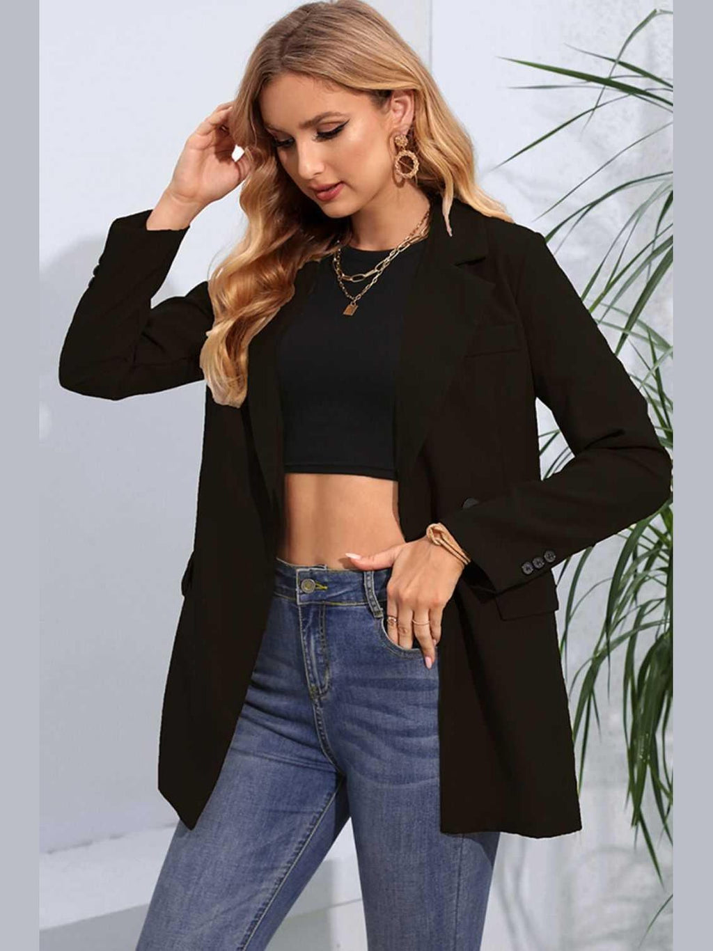Lapel Neck Long Sleeve Blazer with Pockets -- 