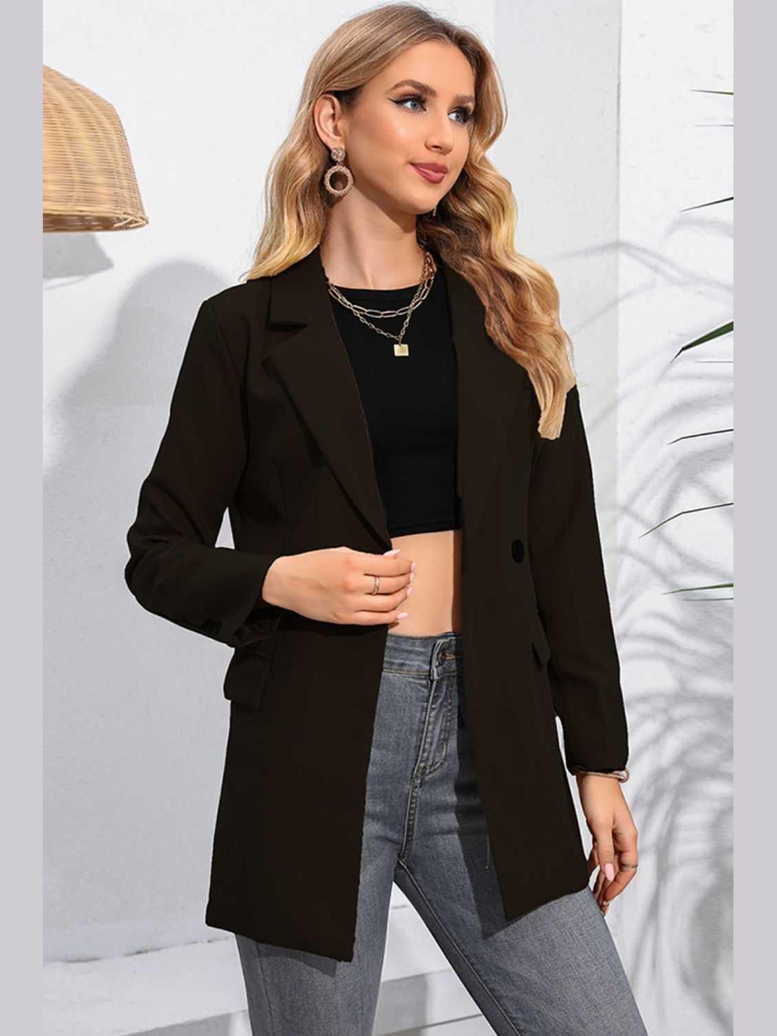 Lapel Neck Long Sleeve Blazer with Pockets -- 