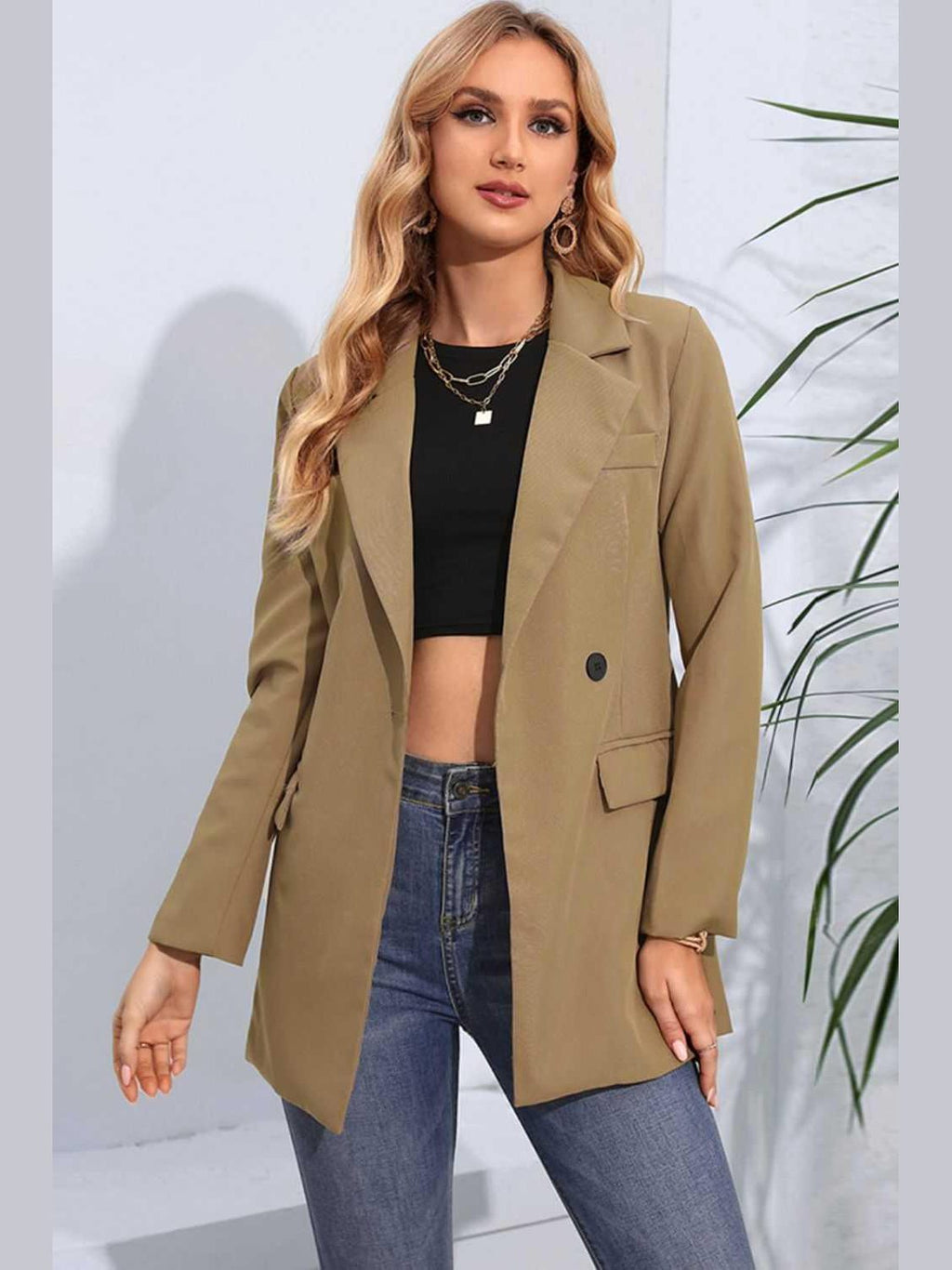 Lapel Neck Long Sleeve Blazer with Pockets -- 