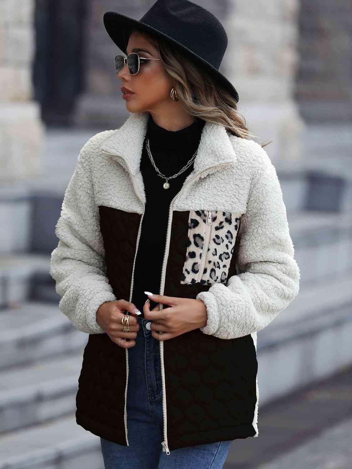 Leopard Color Block Zip-Up Jacket -- 