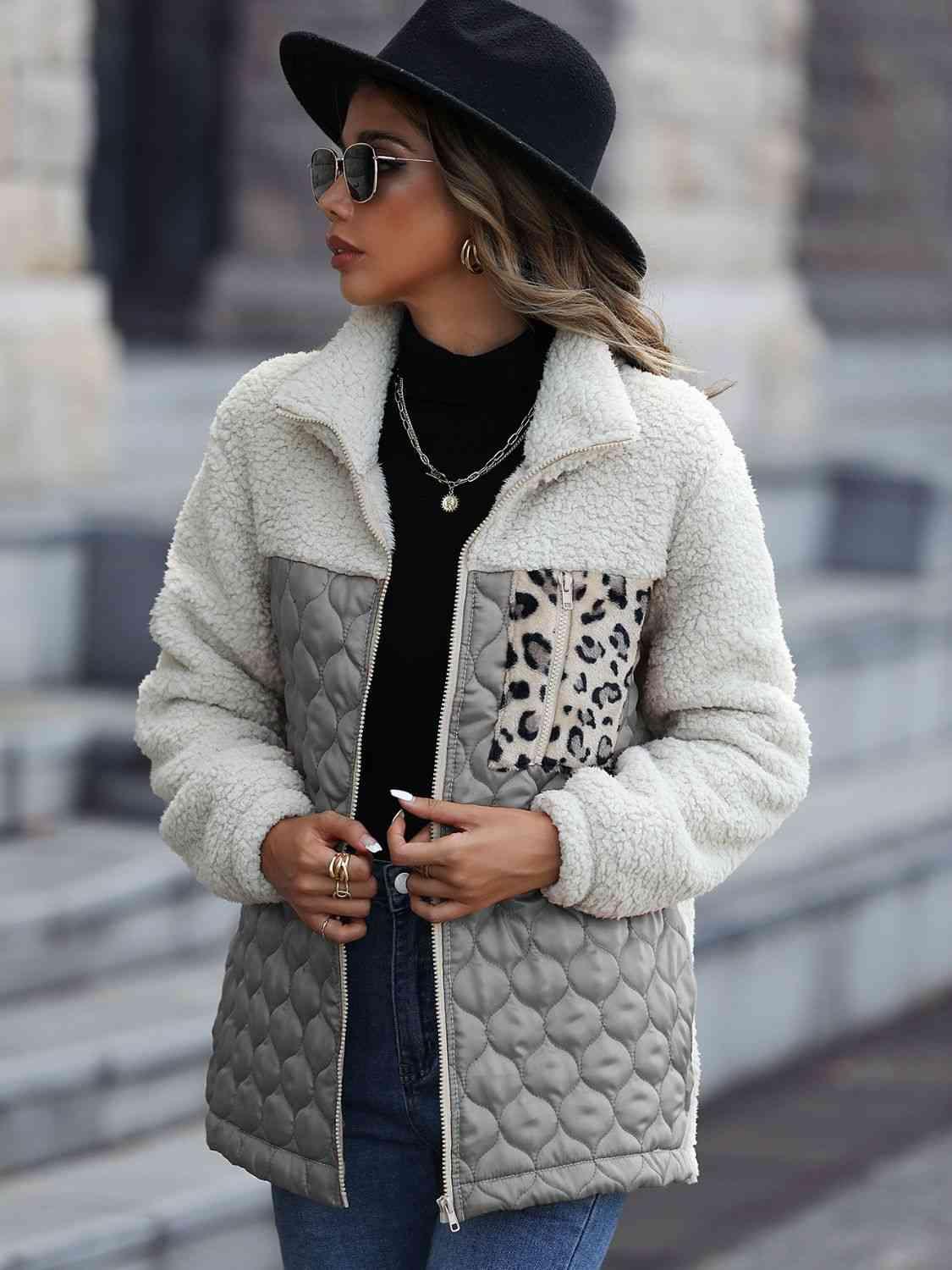 Leopard Color Block Zip-Up Jacket -- 