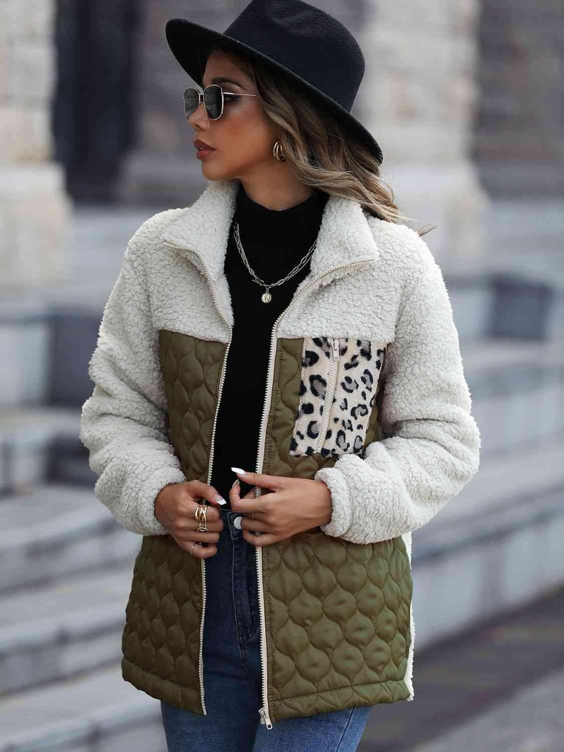 Leopard Color Block Zip-Up Jacket -- 