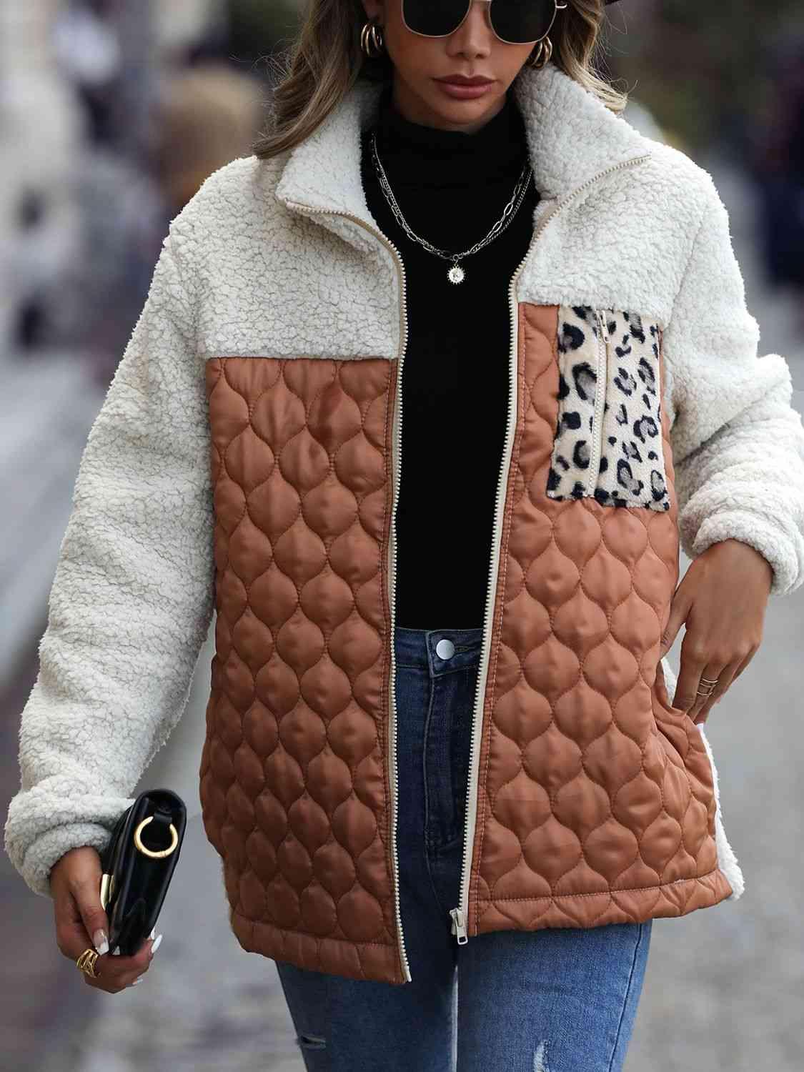 Leopard Color Block Zip-Up Jacket -- 