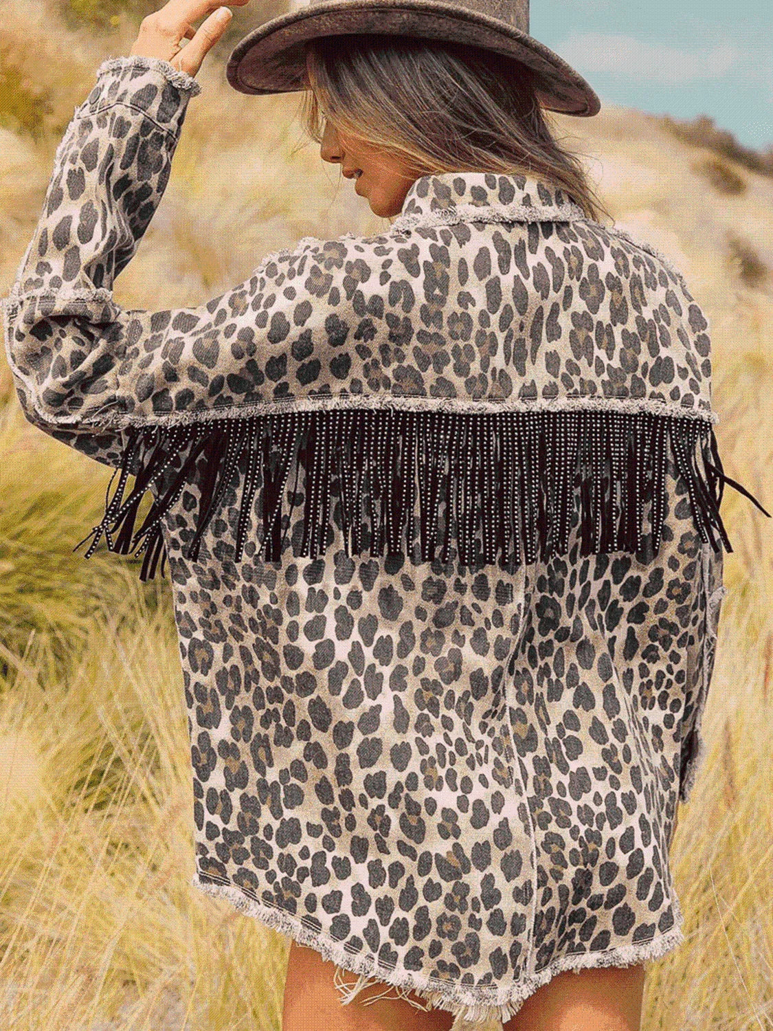 Leopard Fringe Detail Collared Neck Denim Jacket -- 