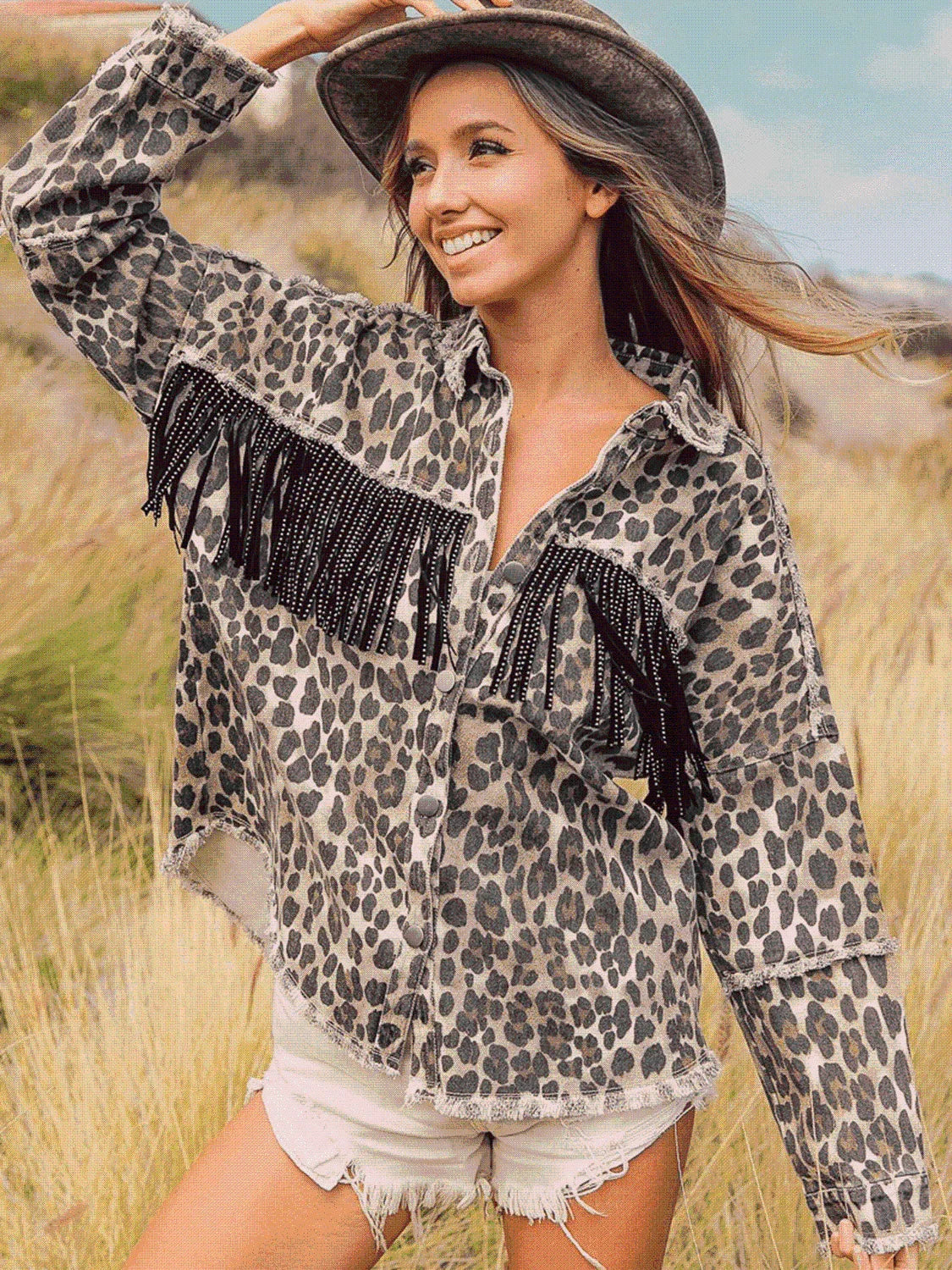Leopard Fringe Detail Collared Neck Denim Jacket -- 