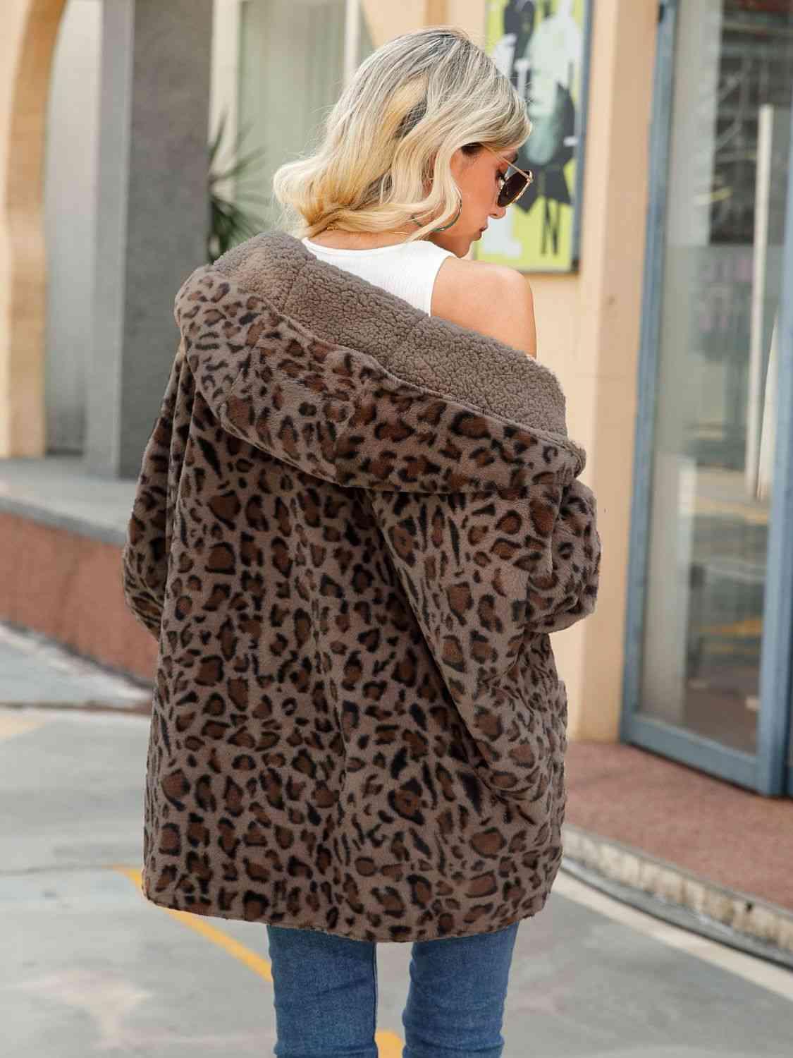 Leopard Hooded Coat with Pockets -- 