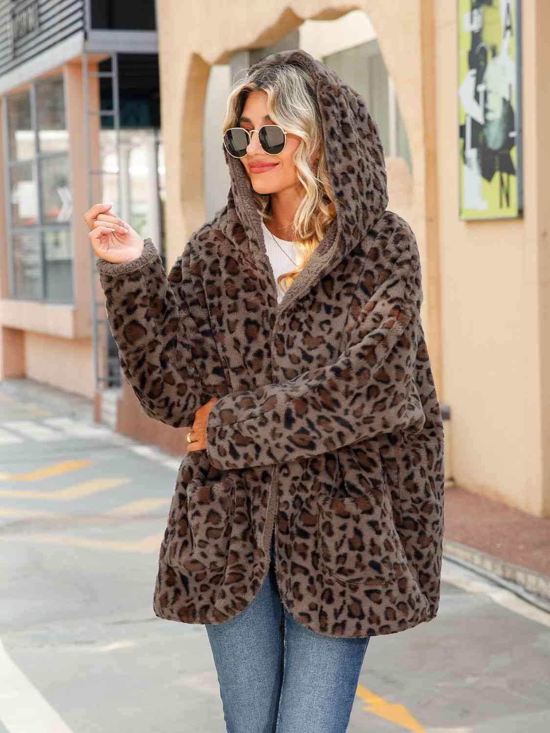 Leopard Hooded Coat with Pockets -- 