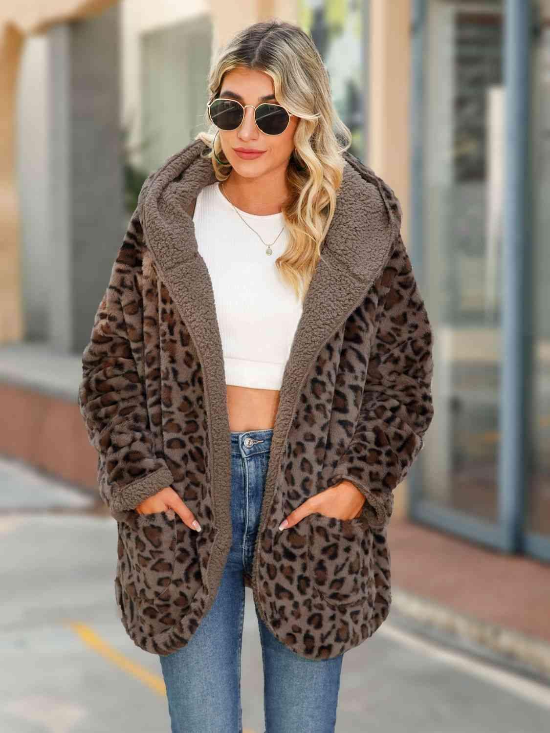 Leopard Hooded Coat with Pockets -- 