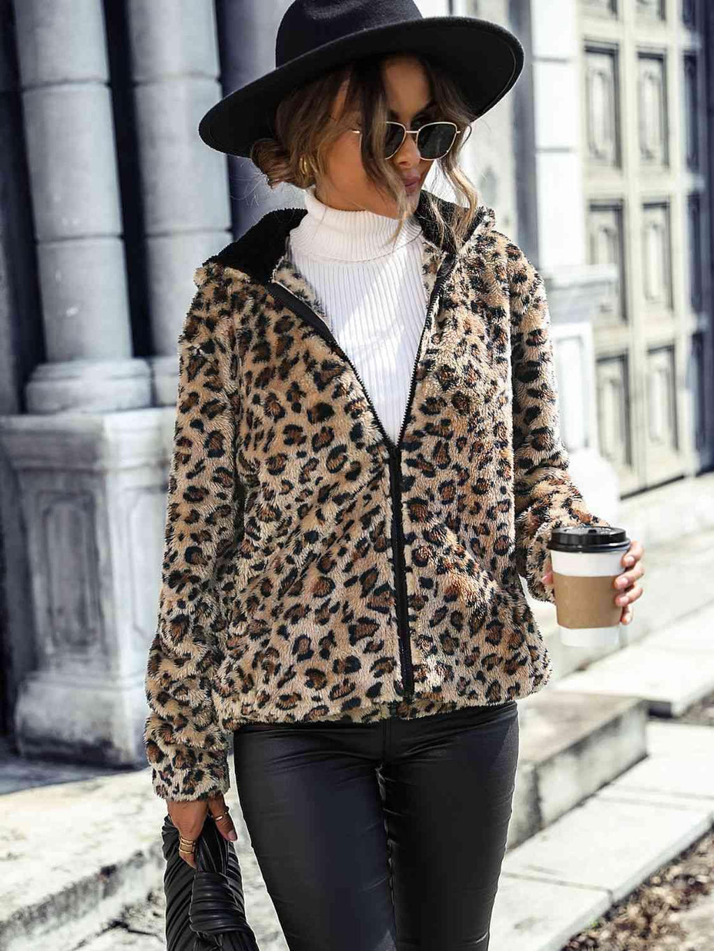 Leopard Zip-Up Hooded Jacket -- 