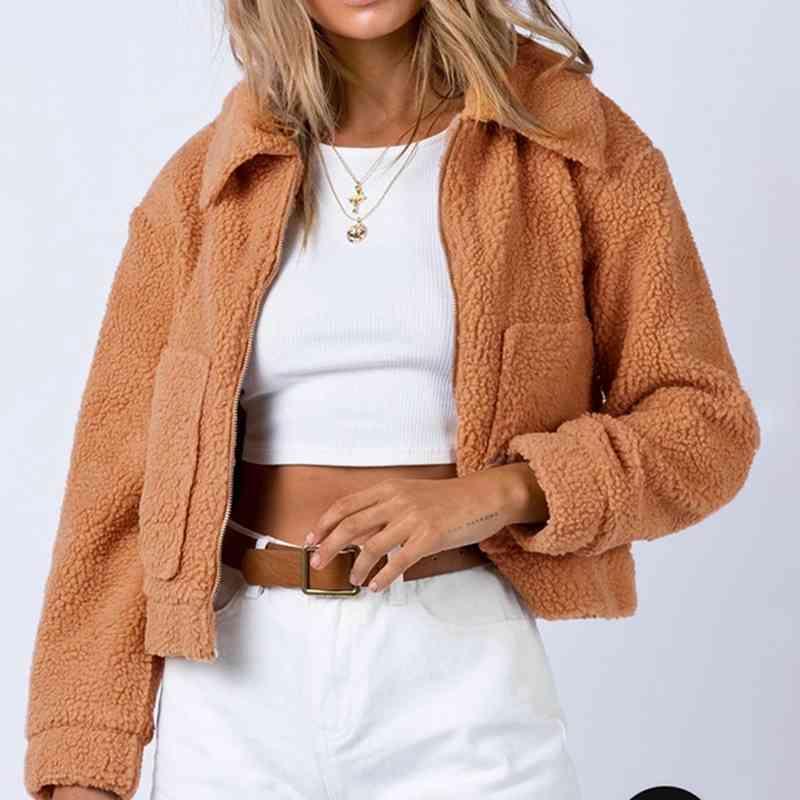 Long Sleeved Collared Neck Sherpa Jacket -- 