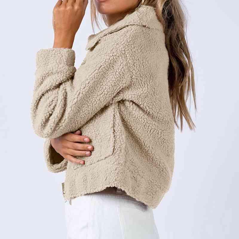 Long Sleeved Collared Neck Sherpa Jacket -- 