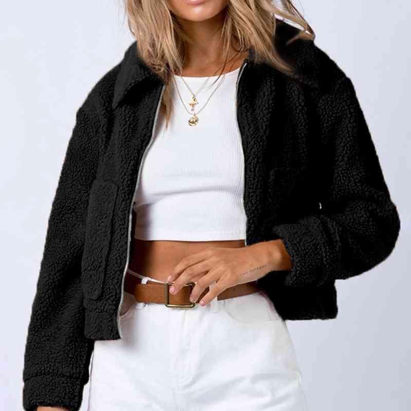 Long Sleeved Collared Neck Sherpa Jacket -- 