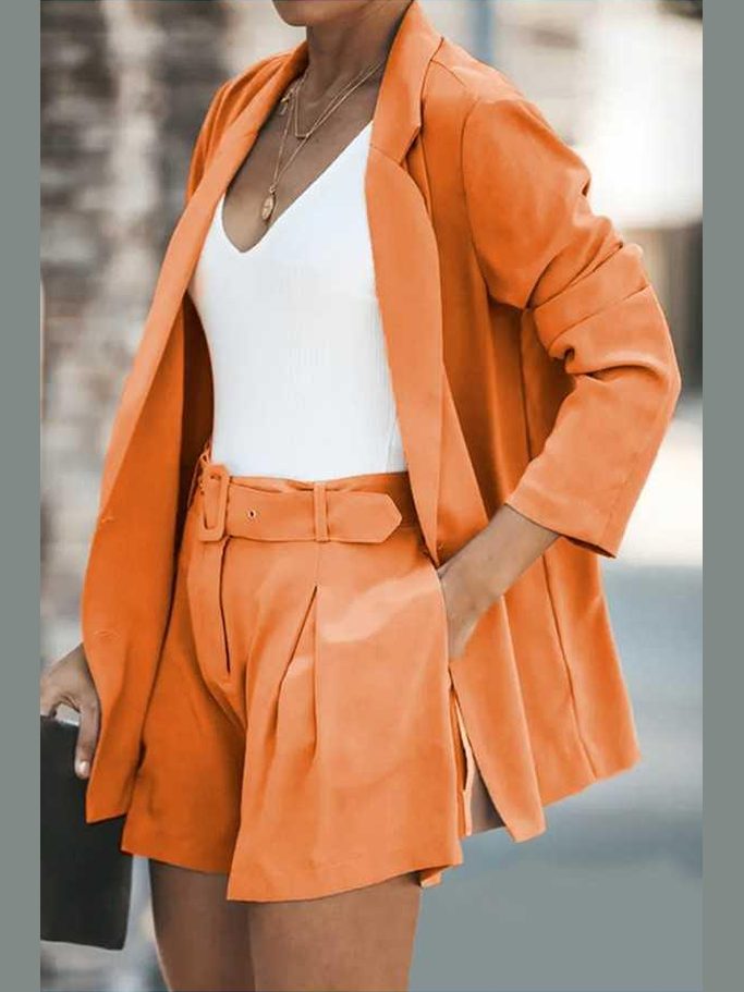 Longline Blazer and Shorts Set with Pockets -- 