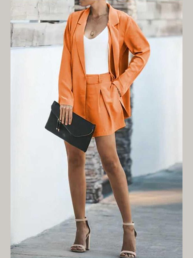 Longline Blazer and Shorts Set with Pockets -- 