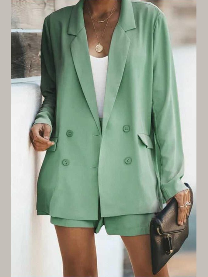 Longline Blazer and Shorts Set with Pockets -- 