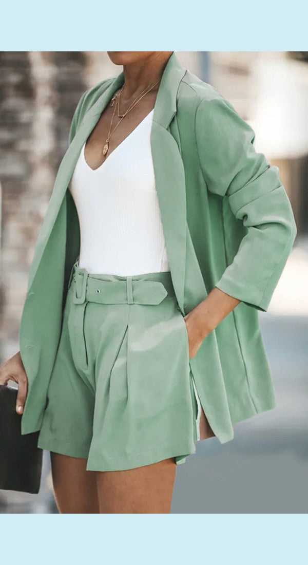 Longline Blazer and Shorts Set with Pockets