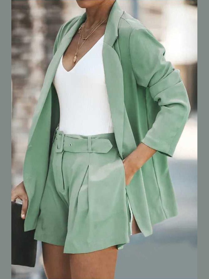 Longline Blazer and Shorts Set with Pockets -- 