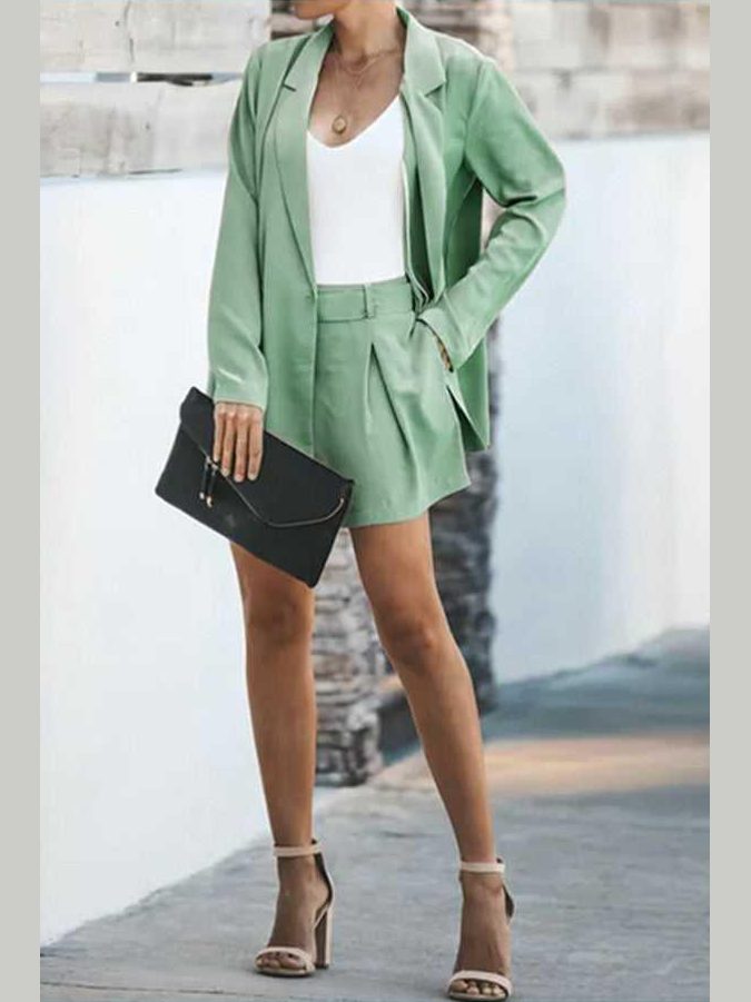 Longline Blazer and Shorts Set with Pockets -- 