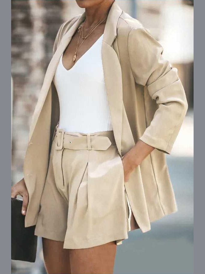Longline Blazer and Shorts Set with Pockets -- 