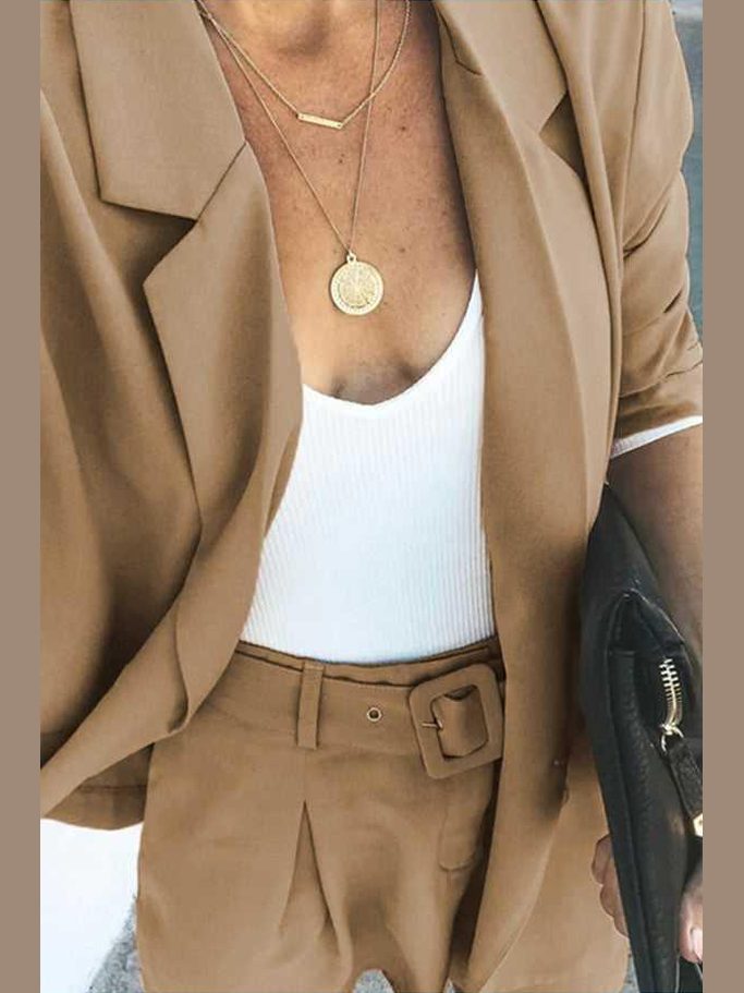 Longline Blazer and Shorts Set with Pockets -- 