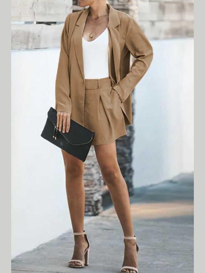 Longline Blazer and Shorts Set with Pockets -- 
