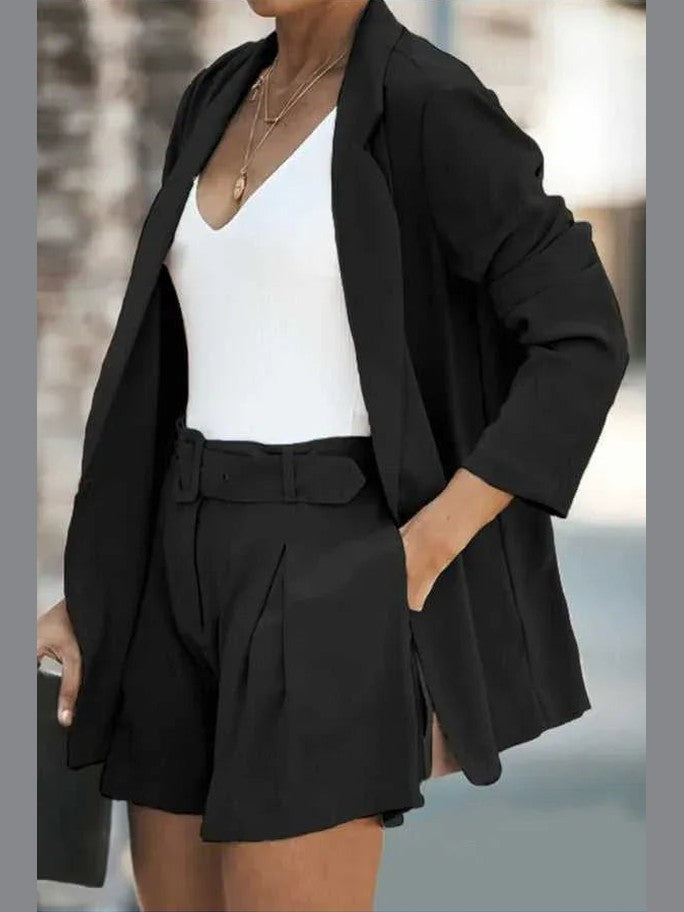 Longline Blazer and Shorts Set with Pockets -- 