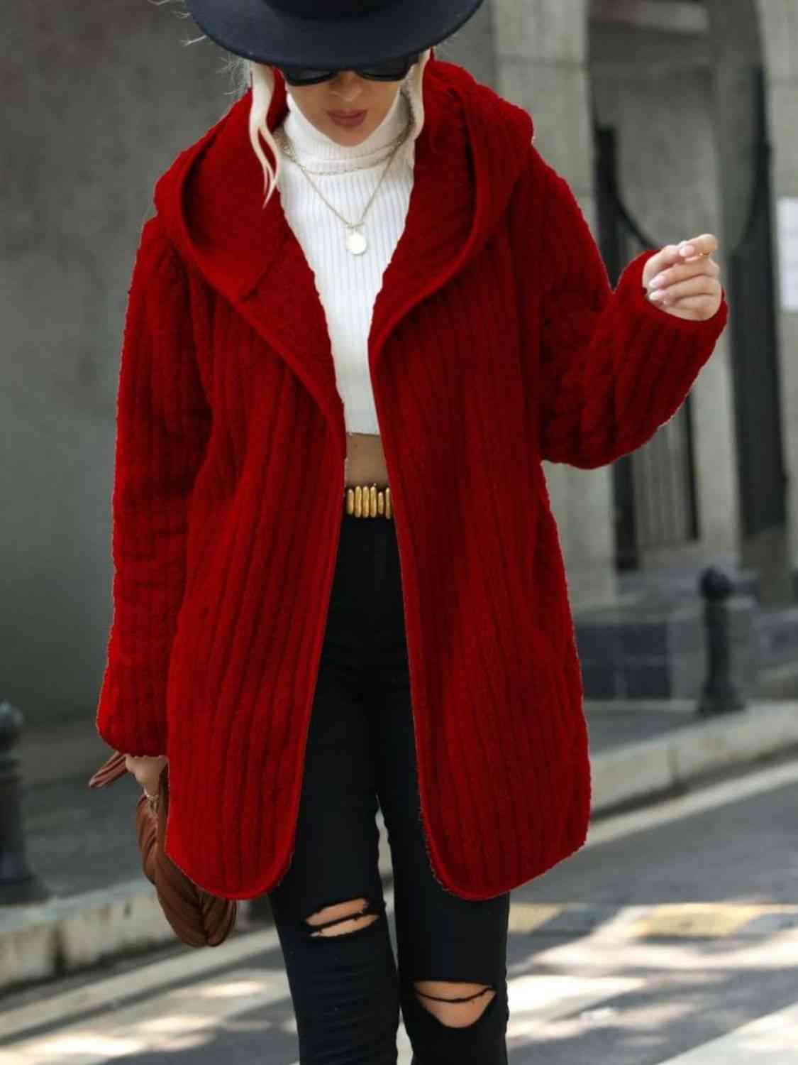 Open Front Ribbed Hooded Coat -- 