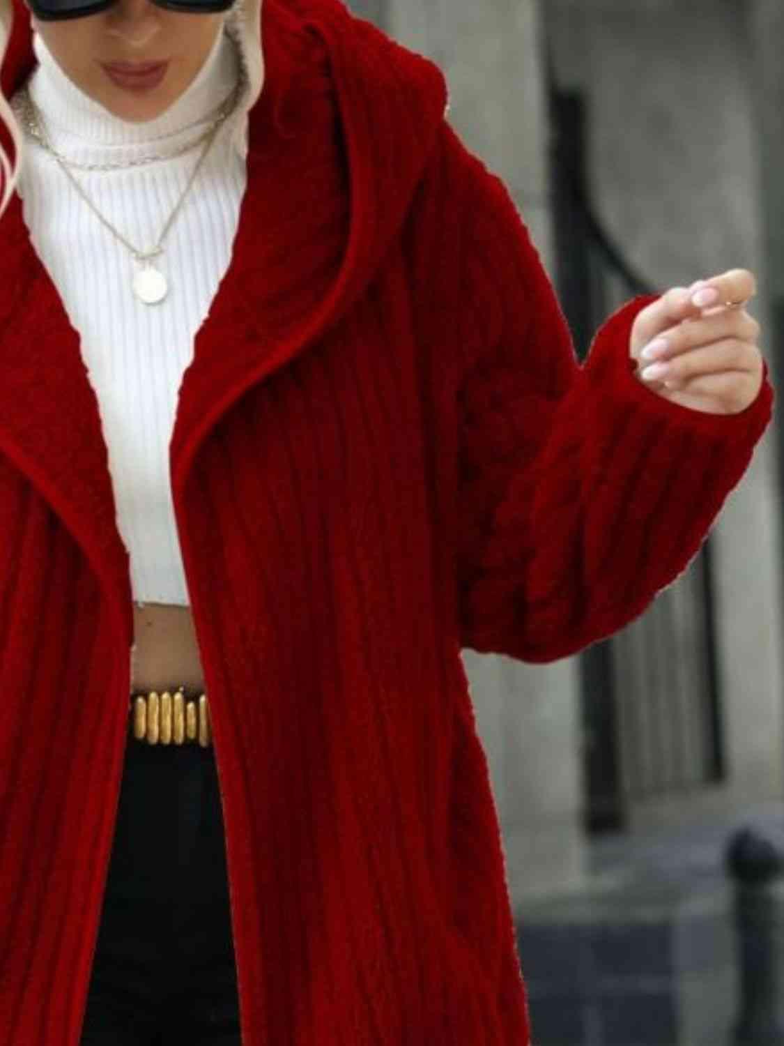 Open Front Ribbed Hooded Coat -- 